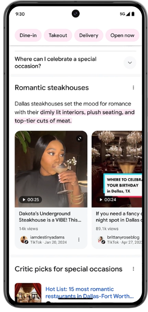 Example of an AI-organized Google search results page, showing examples for "Romantic steakhouses". 
