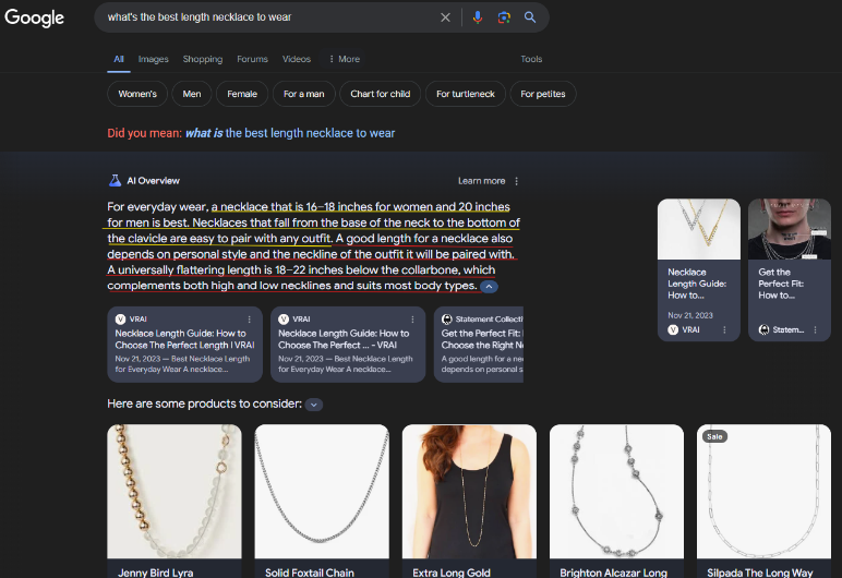 Google AI Overview search result for “what’s the best necklace length to wear”.