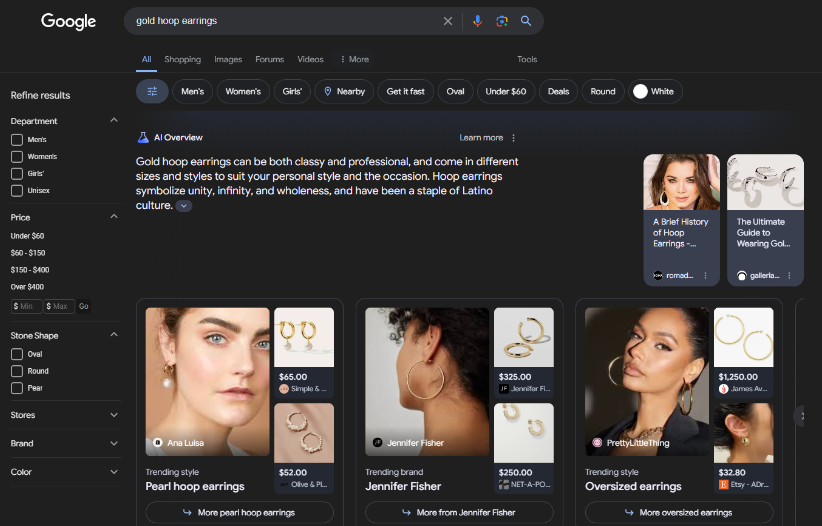 Google AI Overview search result for “gold hoop earrings”.